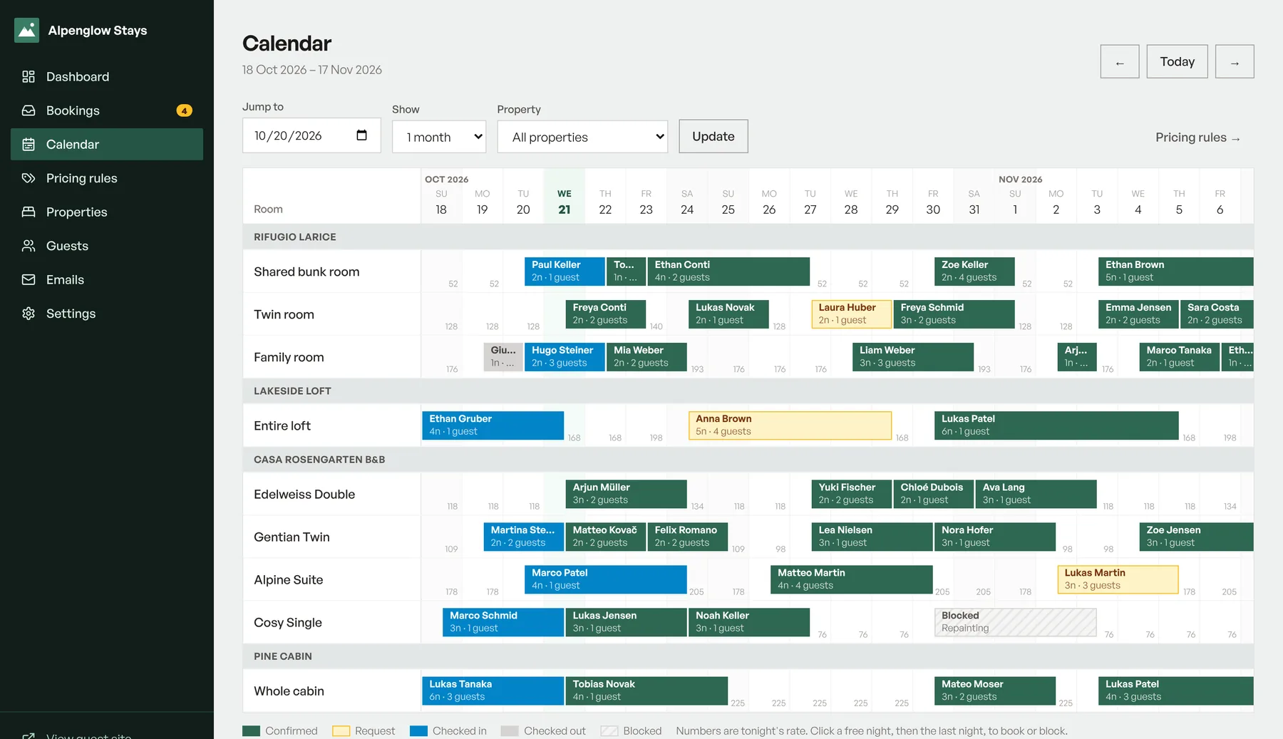 Staydesk calendar: every room's bookings, requests and blocked dates for the month, with each night's rate