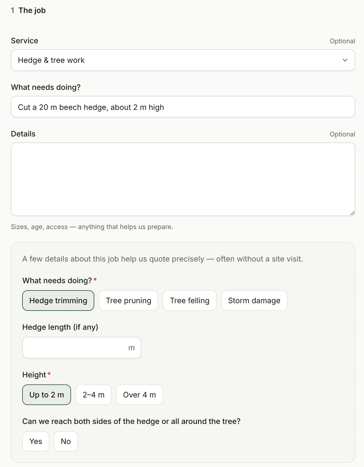 Request form on a demo garden business's website: hedge trimming selected, with the business's questions about hedge length, height and access